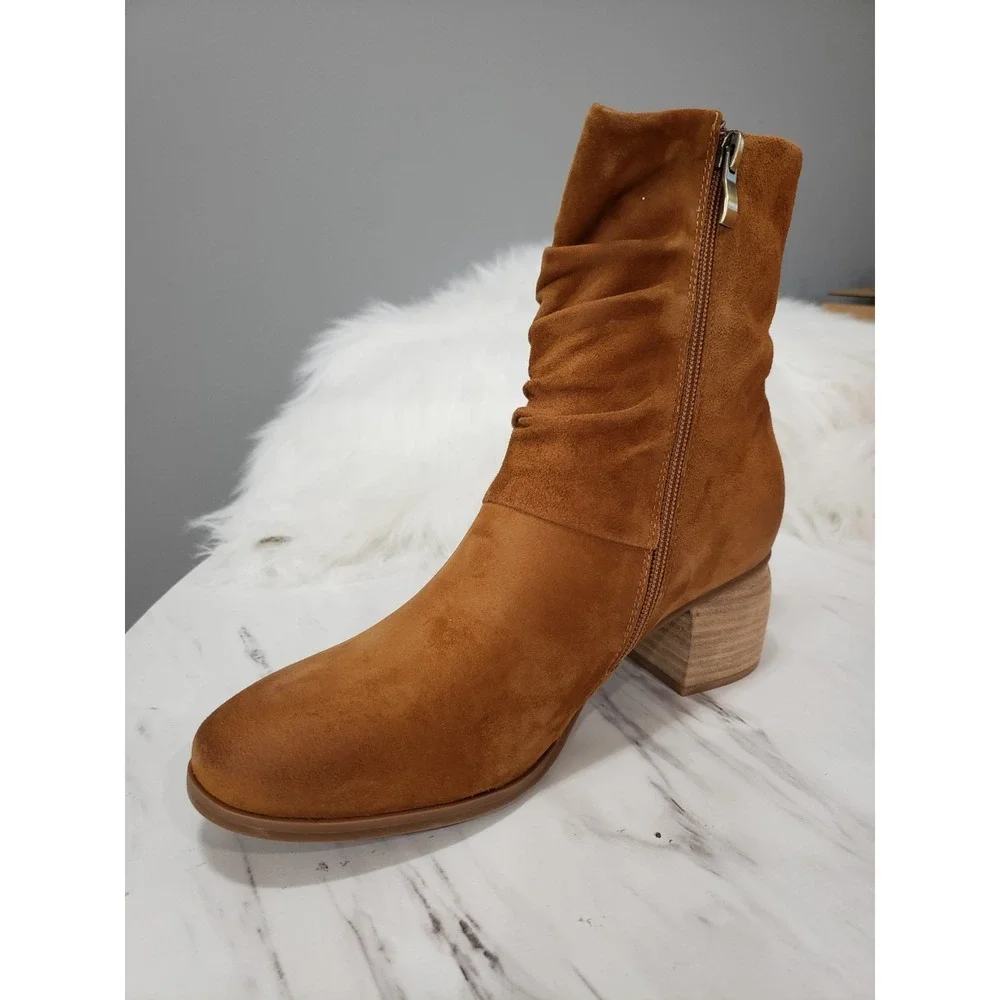 NEW Antelope Nona Cognac Brown Suede Ankle Boots Ruched Old Money prep academia